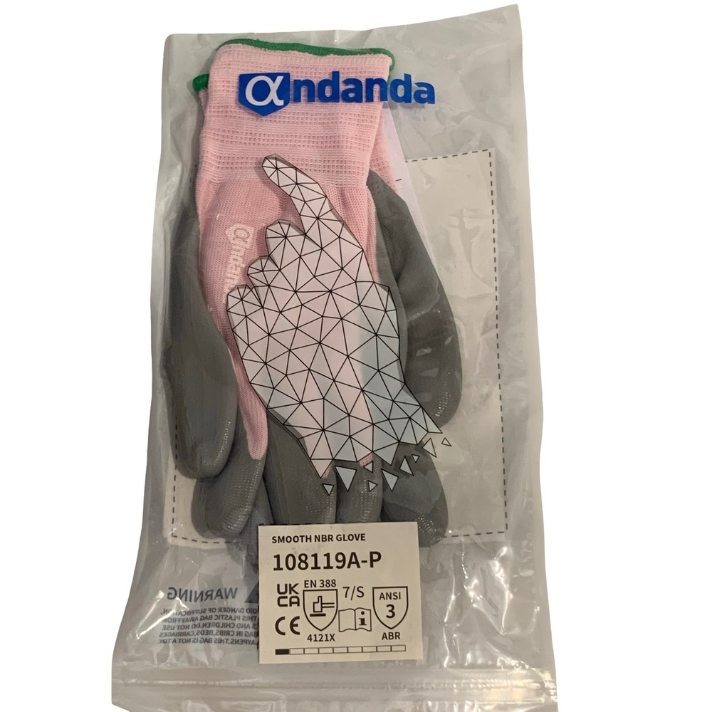 Andanda Smooth NBR Work Gloves Pink Grey Nitrile Palm Coated Size 7 S 108119A-P